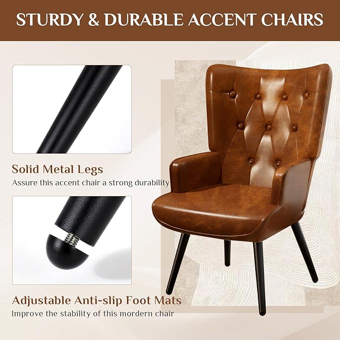TLSUNNY Accent Chair Comfy Upholstered Armchair with Metal Legs High Backrest Living Room Chair Wingback Chair Mid Century Modern for Living Room/Vanity/Bedroom PU Brown (2 pcs)