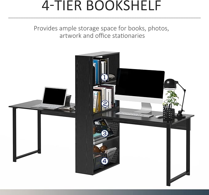 HOMCOM 88 Extra Long 2-Person Computer Desk with Storage Shelves Combo Double Workstation Storage Study Writing Table for Home Office Bookshelf Black
