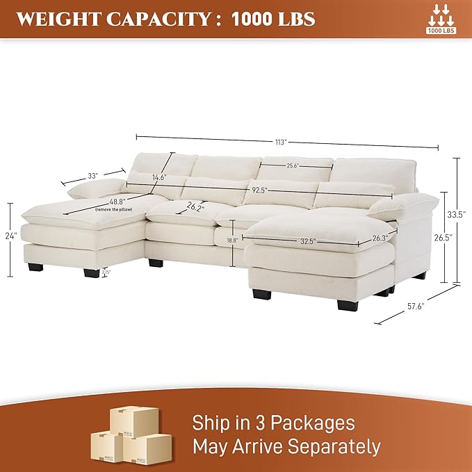 OUYESSIR 113 U Shape Sectional Cloud Couch with OttomanFluffy Sectional Couches for Living Room4 Seater Modular Sectionals SofaComfy Cloud Sofas &amp Couches with 4 PillowsBeige White