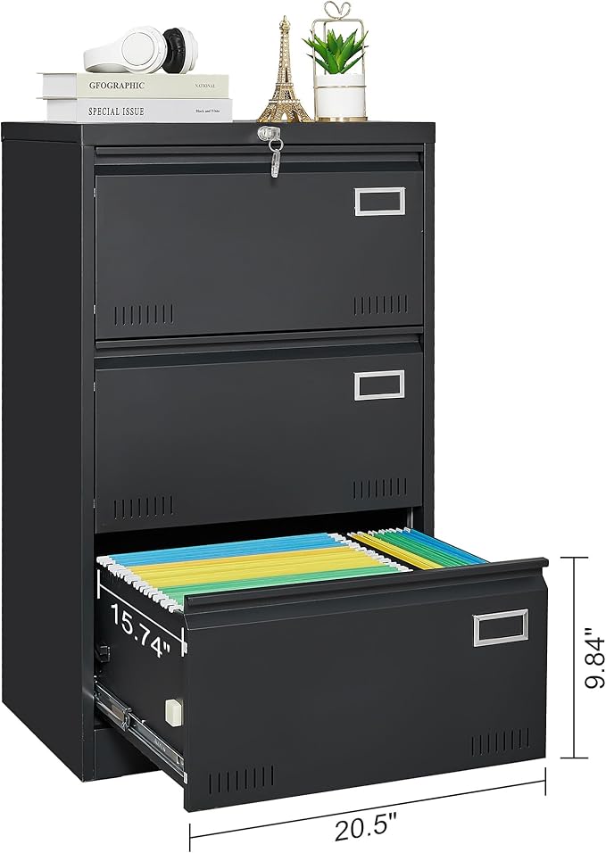 3 Drawer File Cabinet Metal File Cabinets with Lock Vertical Office Filing Cabinet for Letter/Legal/F4/A4 Size Filing Cabinets for Home Office Black