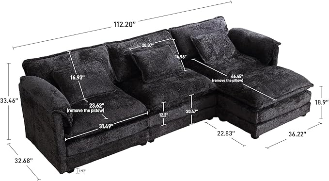Modern 112 L Shaped Sectional Sofa Cloud CouchChenille Comfy Boucle Modular Sleeper Sofa Upholstery Sofa with Ottoman &amp Memory Foam for Living Room Black