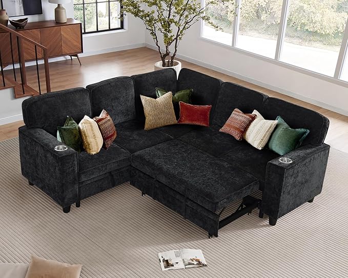 81 L Shaped Sleeper Sofa Couch with Pull Out Sofa Bed Oversized Convertible Sleeper Bed with Storage USB Ports &amp Cup Holder Sectional Couches for Living Room (Charcoal Grey)