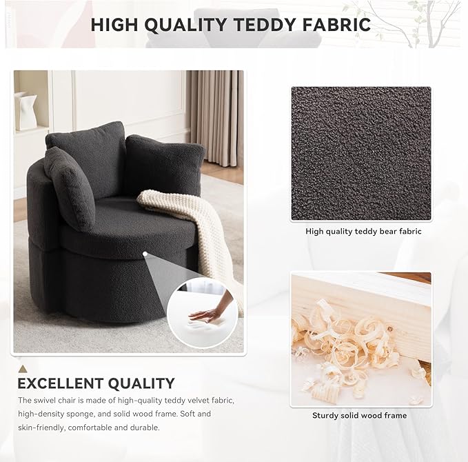 FOXHUNTER Swivel Barrel Chair 360 Degree Swivel Round Storage Chair with 3 Pillows Oversize Teddy Swivel Accent Chair Comfy Single Sofa Chair for Nursery Living Room Bedroom (Dark Gray)