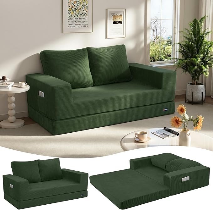 COMAX Convertible Sofa Bed Queen Folding Fold Out Couch Bed Floor Futon Couch Corduroy Sleeper Mattress with Back Pillows Boneless Sofa Comfy Lounge Loveseat for Living Room Bedroom Green