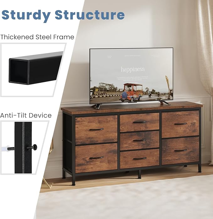 DUMOS TV Stand 7 Drawer Dresser for Bedroom with Storage TV Stands for Living Room Grey Farmhouse Entertainment Center Media Console Table with Metal Frame Adjustable Feet