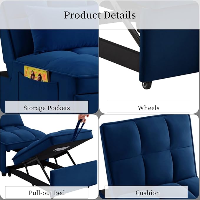 KEIKI Velvet Single Convertible Sleeper Chair Sofa Bed with Adjustable Backrest Pillows &amp Storage Pockets 3 in 1 Pull-Out Couch Chaise Lounge Recliner for Living Room Balcony Bedroom Navy