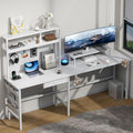HLDIRECT L Shaped Desk with LED Light &amp Power Outlet 67 Inch Reversible Corner Gaming Desk with Storage Shelves &amp Drawer Computer Table with Monitor Stand Home Office Work Study White