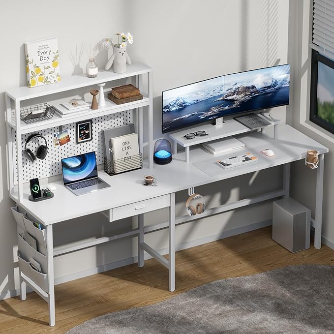 HLDIRECT L Shaped Desk with LED Light &amp Power Outlet 67 Inch Reversible Corner Gaming Desk with Storage Shelves &amp Drawer Computer Table with Monitor Stand Home Office Work Study White