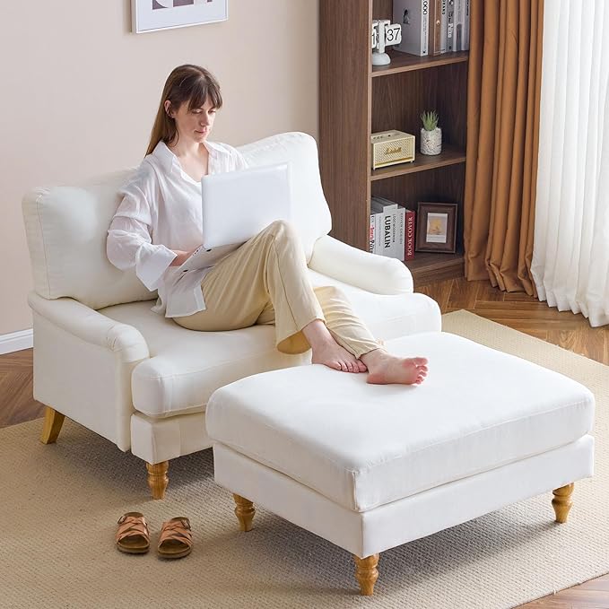 Bezseller Oversized Chair Indoor with Ottoman 46 W Upholstered Armrest Sofa Big Comfy Lounge Sofa Deep Seat Sleeper Chair for Living Room Apartment Bedroom Reading Room(Beige)