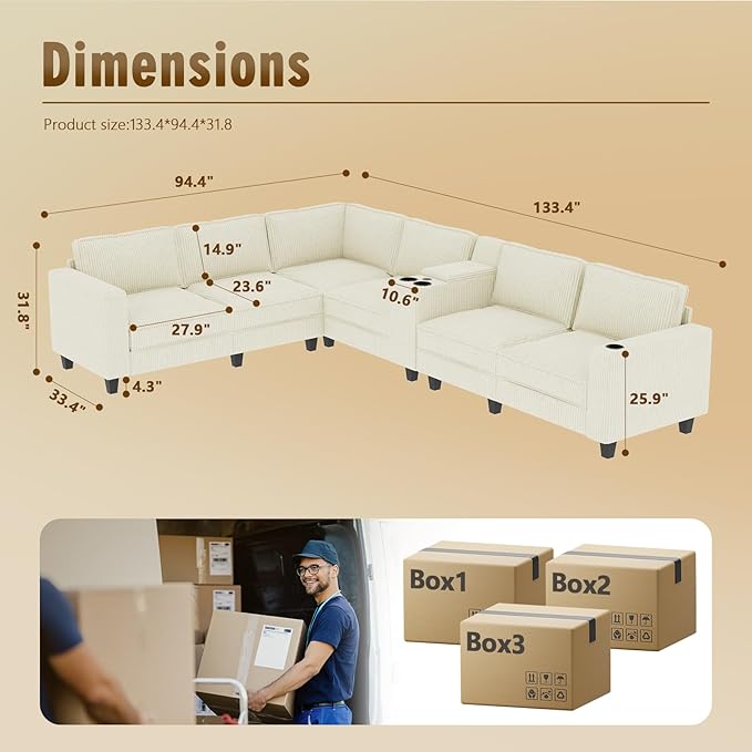 KEIKI 133 L-Shaped Oversized Corduroy Modular Sectional Sofa with Multi Functional Console Convertible 6-Seater Upholstered Couch with USB and 2 Cup Holder Easy Assembly for Living Room Beige