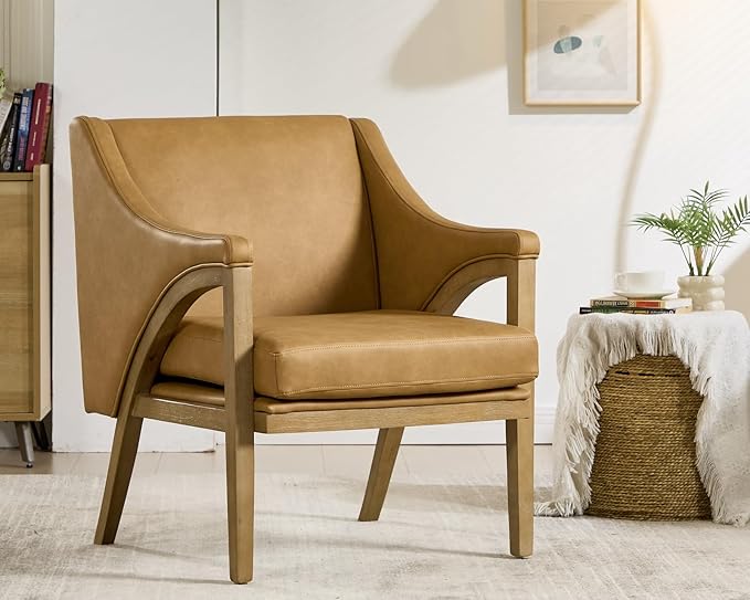 Mid Century Modern Accent Chairs Set of 2 with Barrel Back Upholstered Armchair Comfy Reading Chairs with 4 Thick Cushion Solid Wood Legs for Living Room/Bedroom/Reading Corner PU Fabric Brown