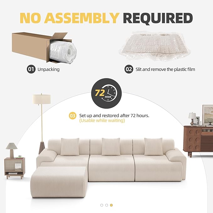 118 Modern L Shaped Modular Sectional Sofa Boneless Cloud Couch with Ottoman Oversized Corduroy Couch Deep Seat 30D Sponge for Indoor Living Room No Assembly Required(Beige)