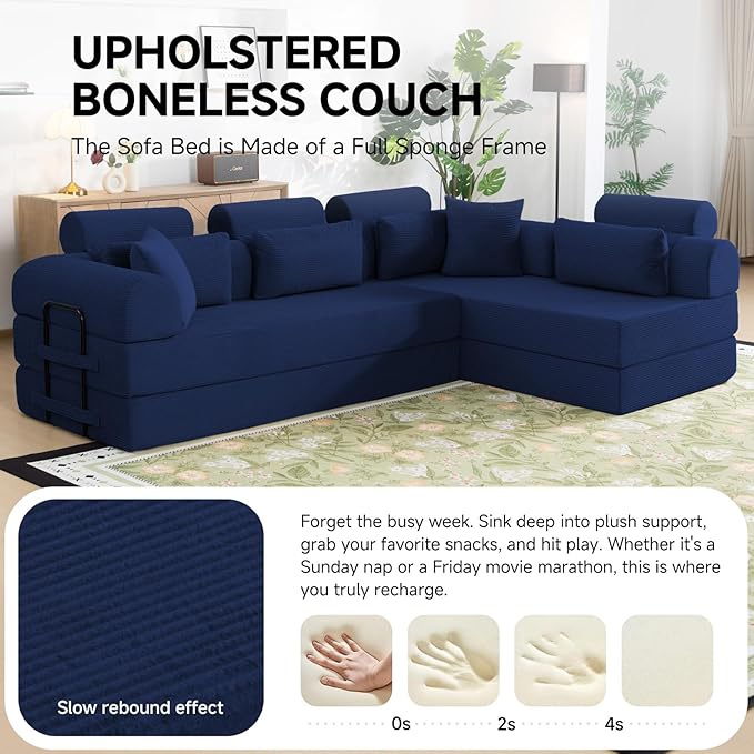 106” Cloud Sectional Couch L-Shaped Sofa with Right Facing Chaise Corduroy Boneless Couches Compressed Modular Sectional Sofa with Deep Seat High Backrest Headrest (Blue)