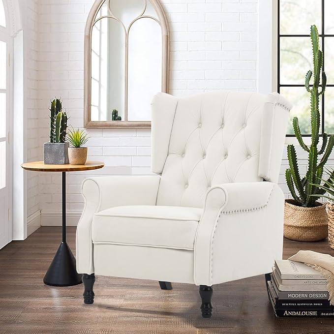 Velvet Accent Chair Push Back Recliner Chair Wingback Arm Chair for Living Room/Bedroom/Home Theater/Reception Area Light Beige