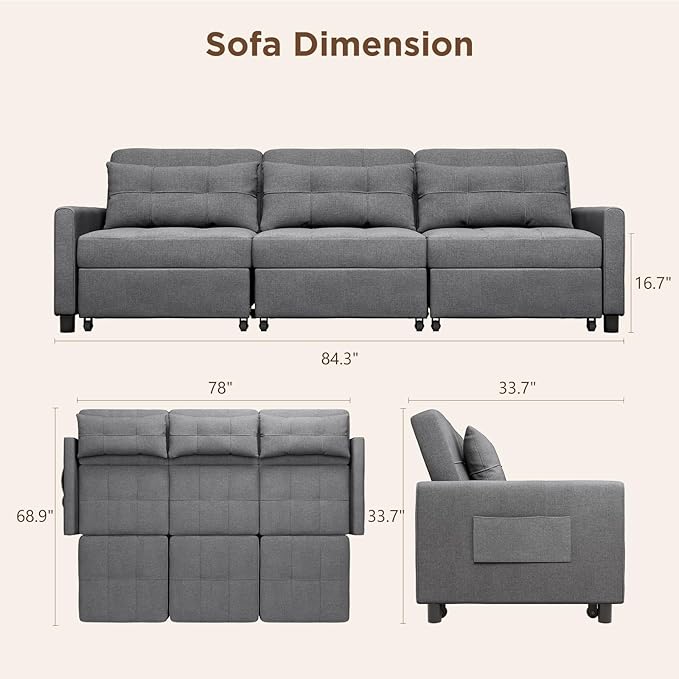 Aiho Sectional Sleeper Sofa 84 Inch Pull Out Couch with Adjustment Backrest &amp Ottoman Convertible Sectional Couch Bed for Living Room Guest Room Dark Grey