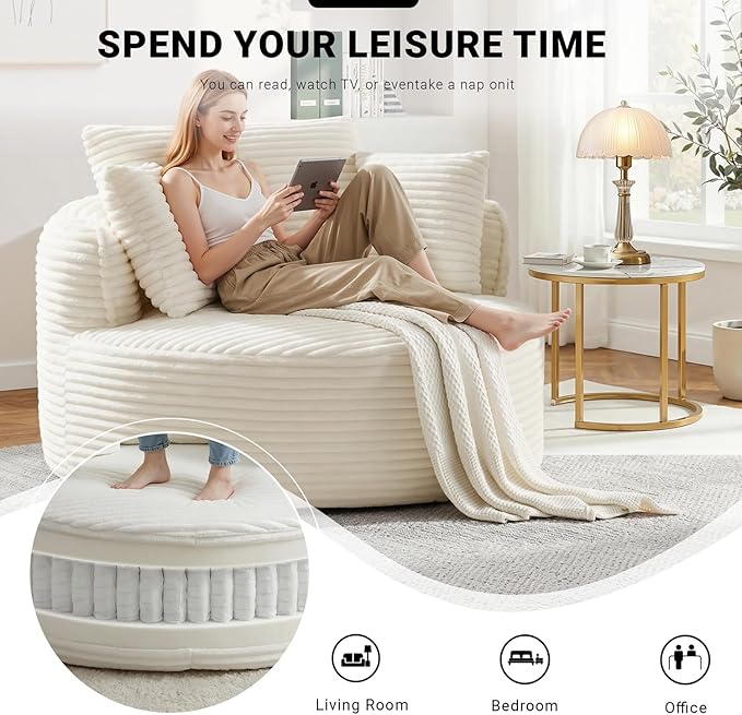Oversized Round Lounge Chair Indoor Corduroy Upholstered Deep Seat Cloud Circle Sofa Chair Fluffy Boneless Sleeper Chair for Reading &amp Lounging No Assembly Required (Beige)