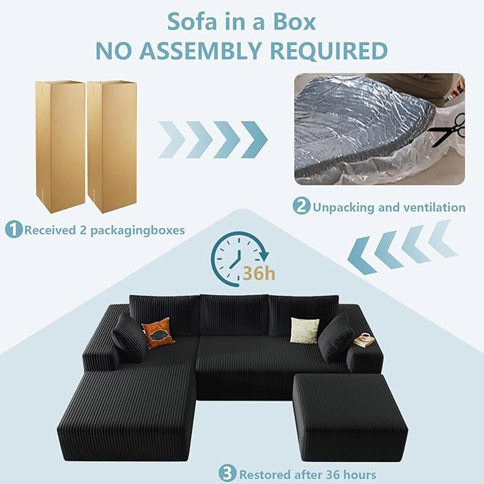 96 W Cloud Sectional Couch with OttomanModern U-Shaped Cloud Couch with Deep SeatComfy Corduroy 3-Seater SofaMemory Foam Sofa for Living RoomNo Assembly (BlackLeft-Facing Chaise)