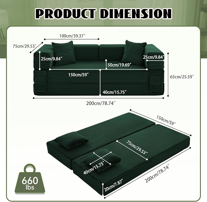 5-in-1 Folding Convertible Sofa Bed 78 Inch Corduroy Boneless Couch Loveseat Sleeper with Pull Out Bed Floor Sofa Modular Futon Couch for Living Room Small Place No Assembly Deep Green