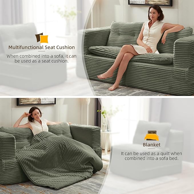 Convertible Sleeper Sofa Bed with Chaise Lounge Set80 King Folding Mattress Cloud Floor Loveseat CouchCorduroy Boneless Sectional Couch for Living Room Bedroom ApartmentGreen