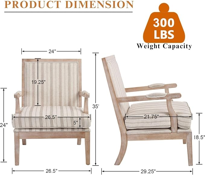Modern Farmhouse Striped Accent Chair Wide Upholstered Living Room Chair with Armrest Pads Coastal French Country Wooden Armchair for Bedroom Guest Room Striped Linen Fabric