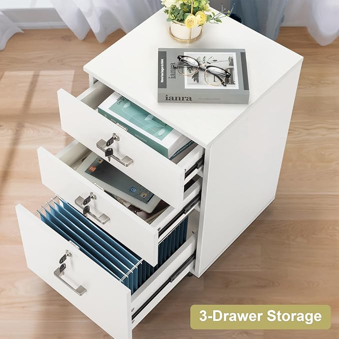 3-Drawer File Cabinet with Lock Wood Rolling Cabinet Under Desk File Cabinets for Home Office Mobile Printer Stand &amp Filing Cabinet for Letter Sized Files Under Desk Mobile File Cabinet 40 x40x