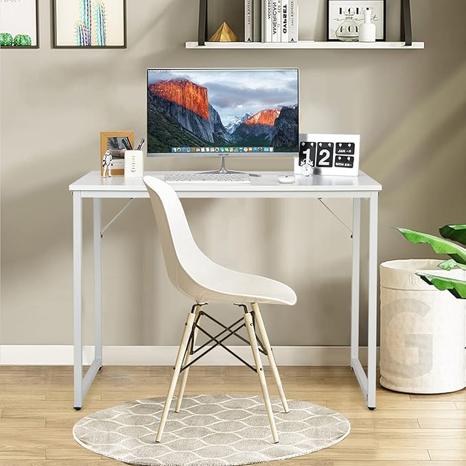 COSTWAY Home Office Computer Desk 40 inch Modern Simple Writing Study Desk Metal Frame Gaming Desk Laptop PC Workstation for Living Room Bedroom &amp Study (White)