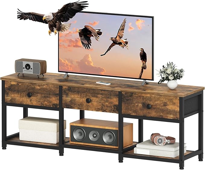 TV Stand with 3 Fabric Drawers for up to 50 Inch TV 47.2 Industrial Media Console Entertainment Center with Shelves for Living Room Bedroom Home Office Rustic Brown and Black DS12BR