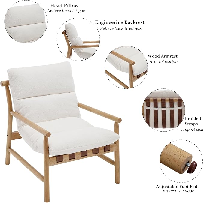 Kmax Modern Sling Accent Chair Mid-Century Faux Fur Living Room Chair Soft Comfy Lounge Chair Solid Wood Frame Chair with Armrest for Bedroom Reading Room Backyard White