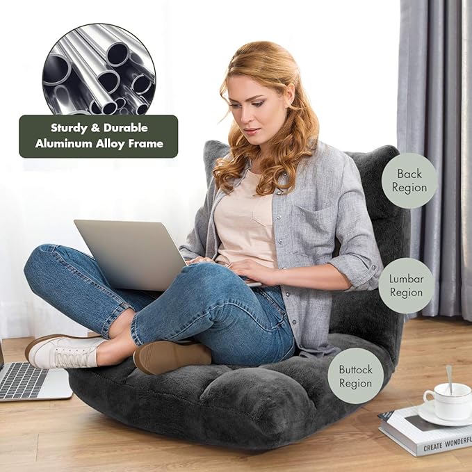 S AFSTAR Cushioned Floor Chair 14-Position Adjustable Padded Lazy Recliner with Comfortable Back Support and Skin-Friendly Cover Great for Reading Playing Game Meditating (Mysterious Black)