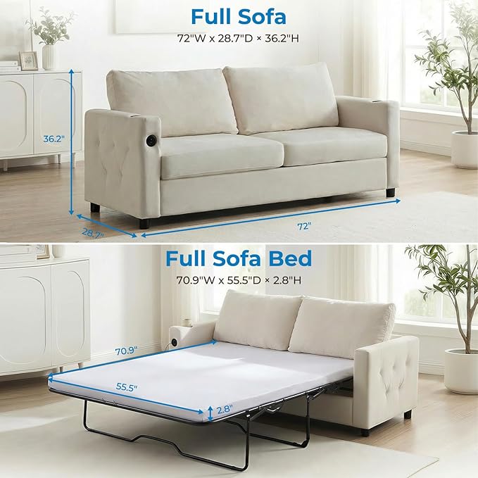 Mjkone 2-in-1 Full Size Pull Out Sofa Bed 72 Convertible Sleeper Couch Beds Velvet Sleeper Sofa Couch with Mattress USB Charging Ports Cup Holders Guest Beds for Living Room Apartment Beige
