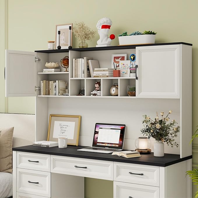 Vabches Farmhouse Executive Desk with 7 Drawers and Storage Cabinet Rustic Large Home Writing Desk with Hutch Workstation for Bedroom Black
