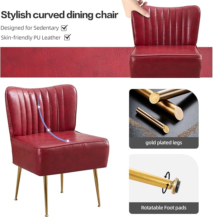PU Leather Armless Accent Chair Set of 3Modern Comfy Living Room Slipper Chairs with Golden LegsUpholstered Single Sofa Wingback Side Corner Chair for BedroomSmall SpaceWine Red