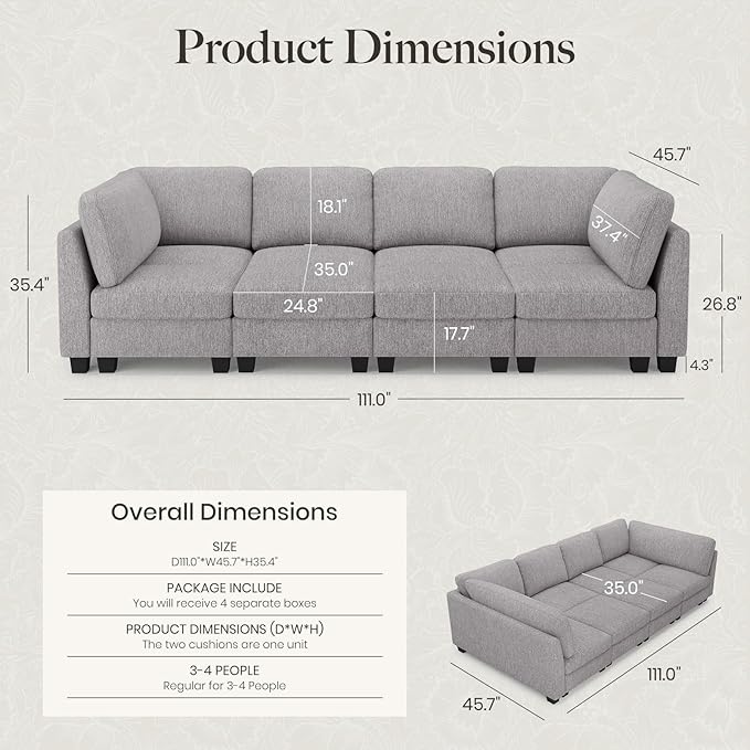Belffin 111 Cloud Sectional Sleeper Sofa with Deep Seat Modular Sectional Sofa Bed Couches for Living Room. Light Grey Couch