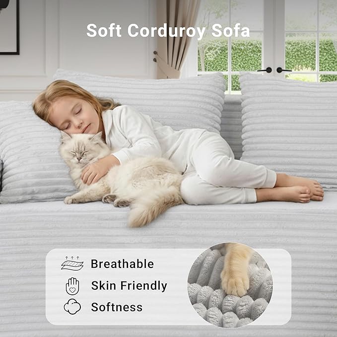 Claiks 95 Boneless Couch Cloud Couch Sectional L-Shape Corduroy Modular Sectional Sofa Deep Seat Upholstered Couches for Living Room No Assembly Required Light Gray Right Facing Chaise