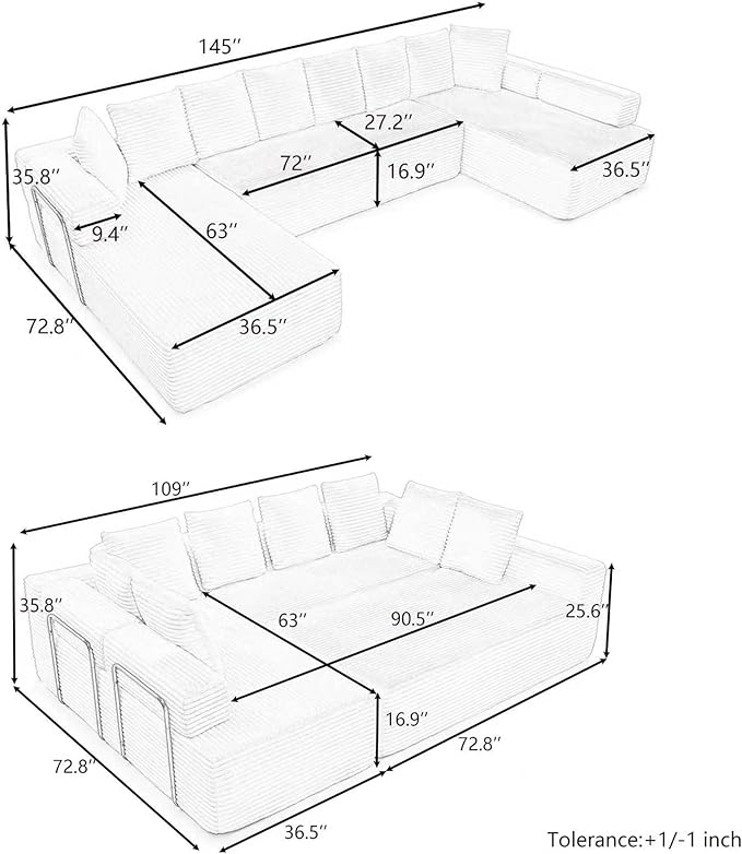 145 inch Modern Sectional Couch for Living Room Oversized Cloud Boneless Couch with Freely Movable Armrest and Fixed-Shape Frame Beige Modular Sofa U Shape Couches | No Assembly Required Free Combi