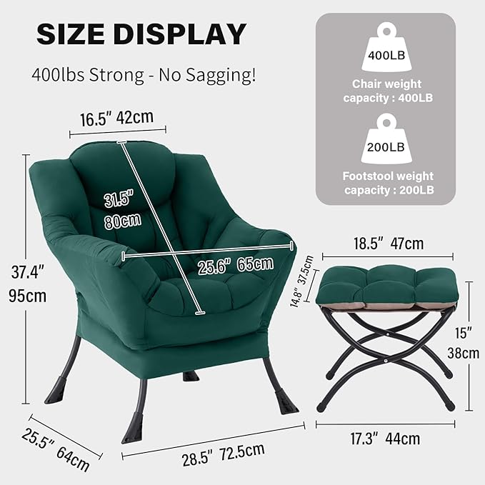 Tiita Lazy Chair with Ottoman Green Modern Large Accent Chair Comfy Leisure Sofa Armchair with Ottoman Reading Chair with Footrest for Bedroom Living Room Dorm Rooms Green