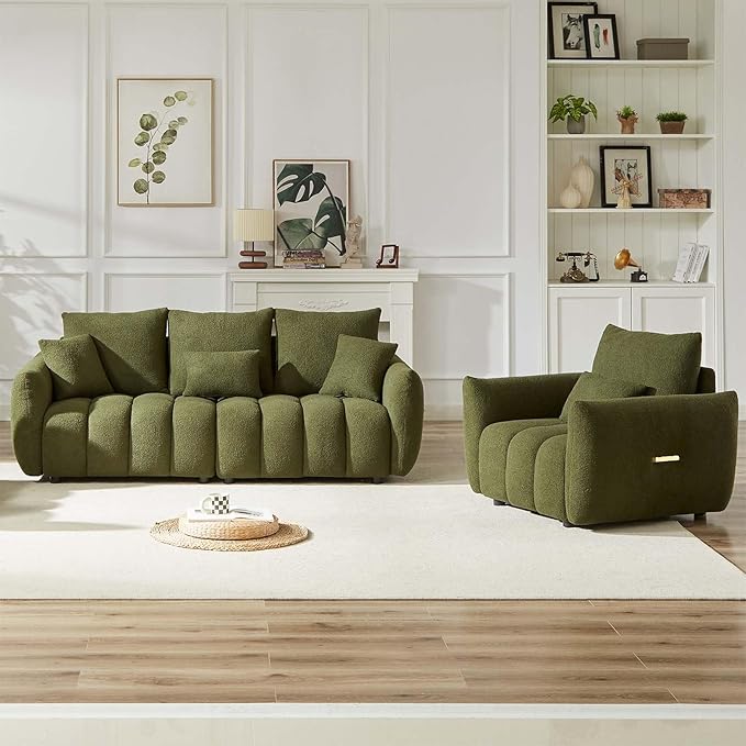 Antetek 35 Modern Accent Single Sofa Chair Comfy Deep Seat Teddy Living Room Chair Leisure Boucle Reading Sofa Arm Chair for Bedroom Office Apartment Green