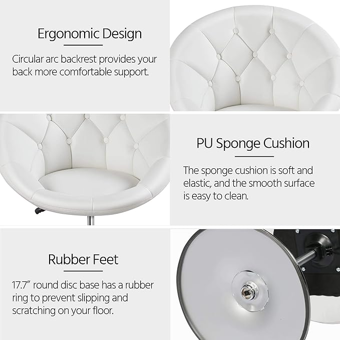 Yaheetech Adjustable Vanity Chair with Round Tufted Back Swivel Leather Salon Chair for Bedroom Living Room Office White