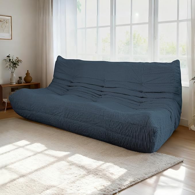 Fireside Loveseat Mid-Century Armless Sofa — Twin-Size Floor Lounger in Soft Premium Corduroy Foam-Filled Accent Chair for Living Room or Bedroom (Prussia Blue Three Seater)
