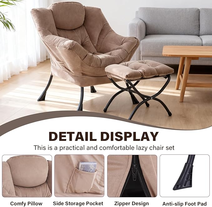 Lazy Chair with Ottoman Modern Accent Chair Contemporary Sofa Chair with Armrests Reading Chair and Folding Footstool Set for Living Room Bedroom Office Khaki