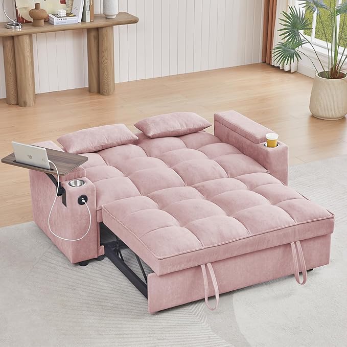 65'' 3-in-1 Folding Convertible Sofa Bed Queen Size Pullout Sofa Modern Chenille Fabric 360° Swivel Side Table Easy Assembly Perfect for Living Room
