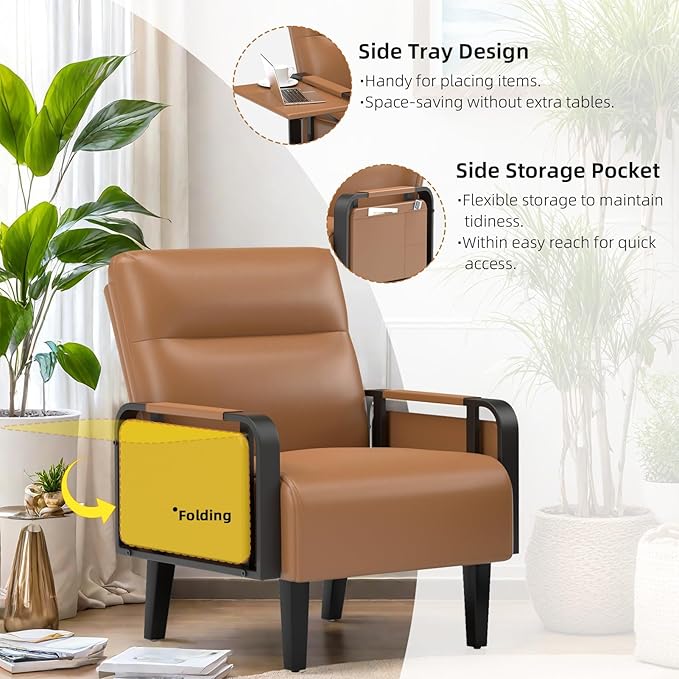 Upholstered Accent Chairs Set of 2 Faux Leather Armchair with Tray Table Comfy Reading Chair for Living Room Bedroom Guest Room Brown