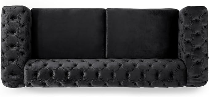 Tufted Velvet Sofa Couch for Living Room Upholstered Tuxedo Arm 3-Seater Sofa Couch with Golden Legs Chesterfield Sofa Apartment Office Studio Black