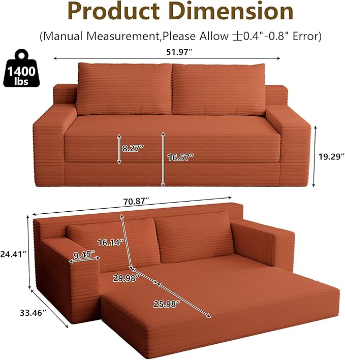 70.78 Loveseat Sofa Modern Small Corduroy Couch Comfy Deep Seat for Living Room Bedroom Apartment Home Office No Assembly Orange