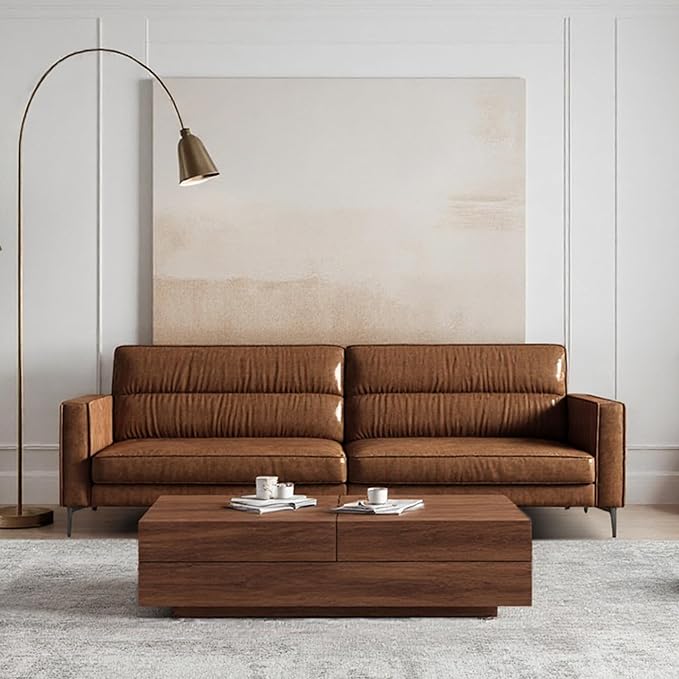 Mid-Century 3-Seater Faux Leather Sofa with Removable Backrest and Cushions Vintage Modern Lounge Couch for Office Apartment Living Room Bedroom with Sturdy Metal Legs - 86.61 Inches Brown