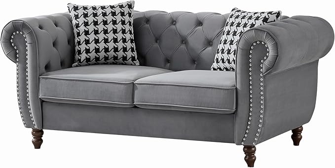 Loveseat Velvet Fabric Two- Seater Couch Buckle Design and Rivet Decoration Deep Seated Double Sofa Suitable for Living Room Bedroom Apartment Hotel etc (gray-04)