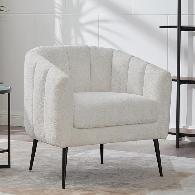 Modern Accent Chair Chenille Upholstered Accent Single Sofa with Metal Legs Tufted Lounge Chair with Wraparound Backrest Leisure Armchair for Living Room Office (Ivory)