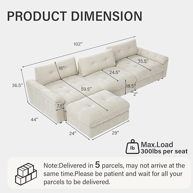 Oversized Modular Sectional Sofa with Adjustable Back Modern Comfy Sectional Couch with Storage Ottoman Deep Seat Chenille Cloud Couch for Living Room 3 Seater with Ottoman Beige