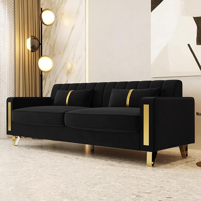 85.63 Modern Black Velvet Sofa with Gold Metal Legs Large Upholstered Comfy 3 Seater Couches for Living Room Bedroom Office (Black)