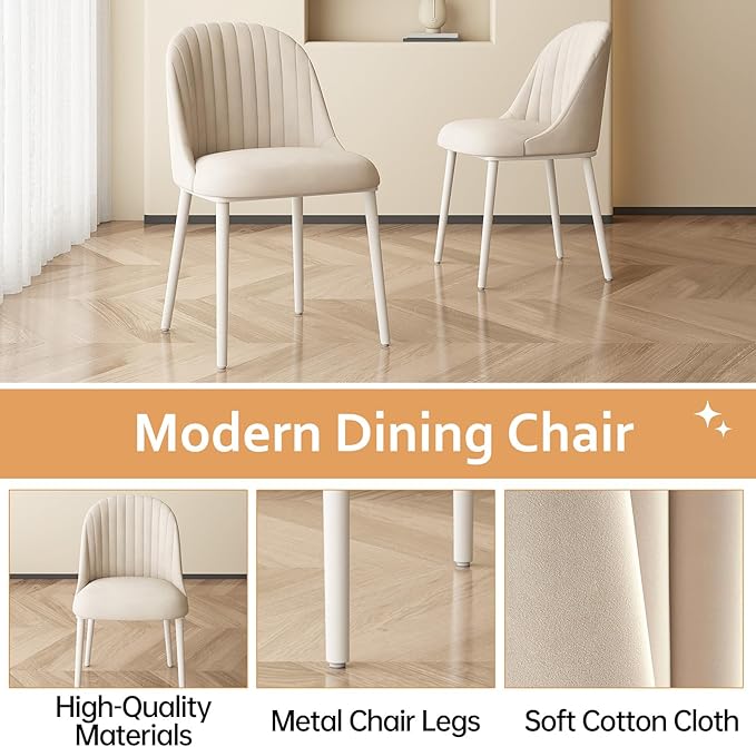 Cream White Dining Chairs Set of 2 Modern Shell Comfy Kitchen Chair with High Elastic Seat and Back for Living Room Bedroom Dining Room Kitchen